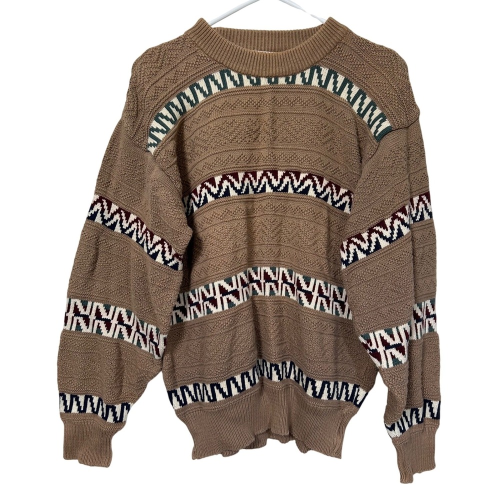 Vintage Sears Roebuck Mens Brown Geometric Cotton Knit Crewneck 90s Sweater M